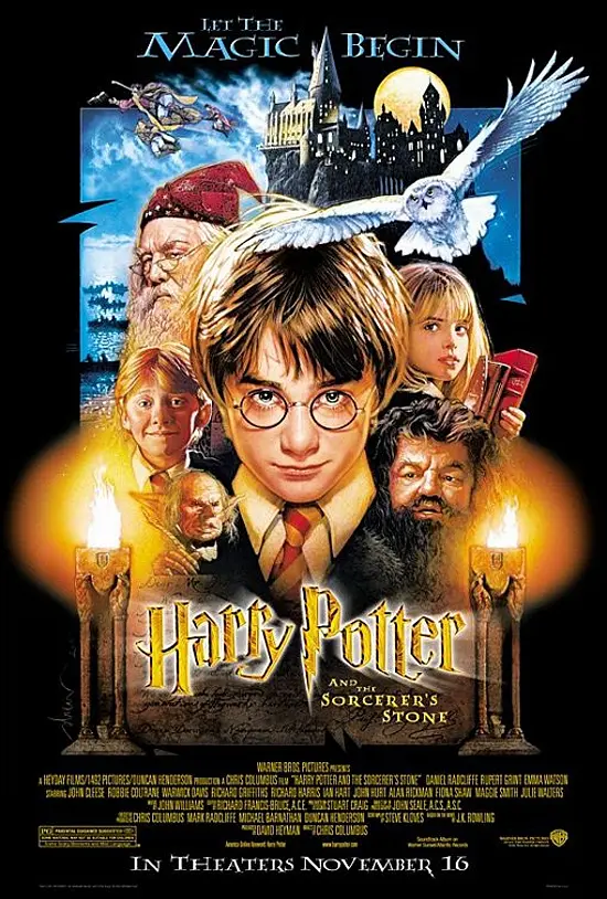 Harry Potter movie poster featuring iconic magical typography and the Hogwarts castle